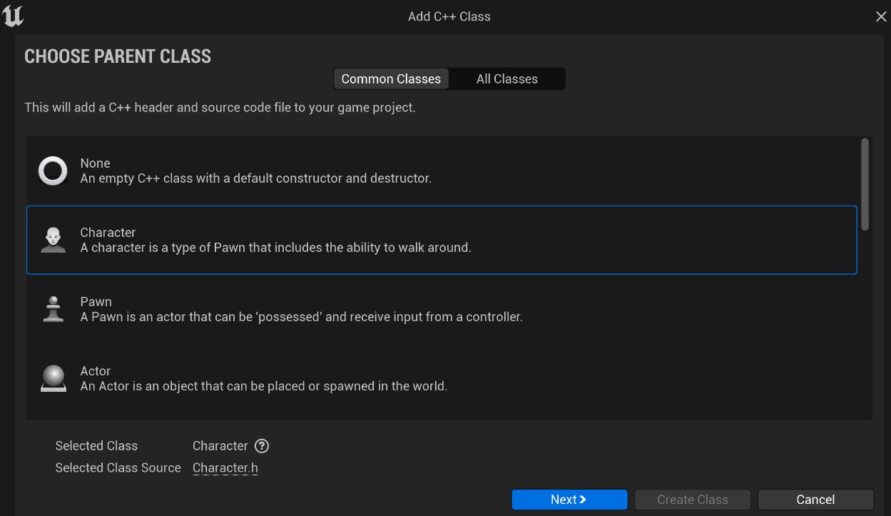 Figure 1.14 – Adding a new C++ class from the Character class