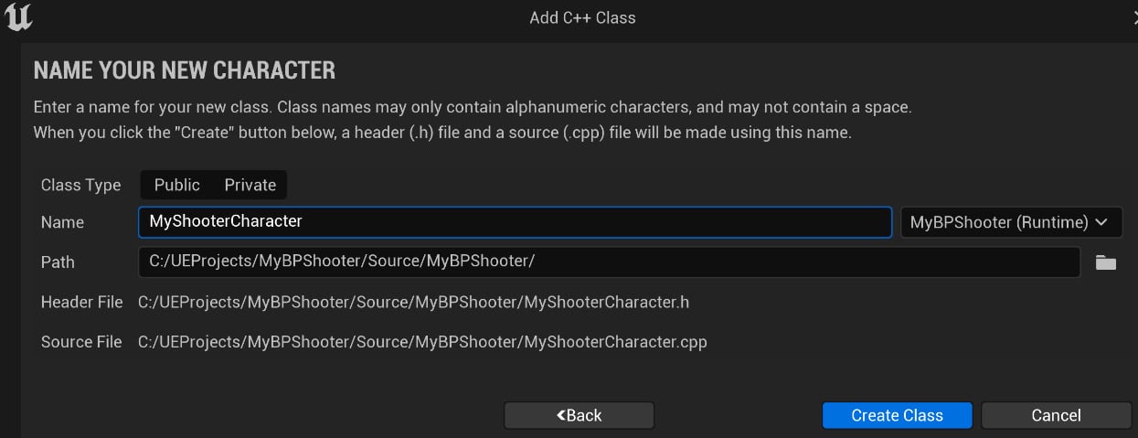 Figure 1.15 – Adding the MyBPShooterCharacter C++ class