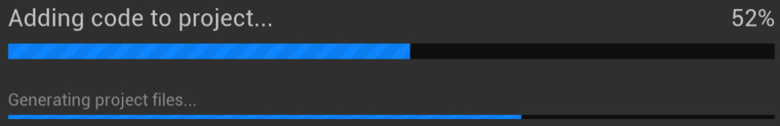 Figure 1.16 – The MyBPShooterCharacter C++ class Adding code to project… progress bar