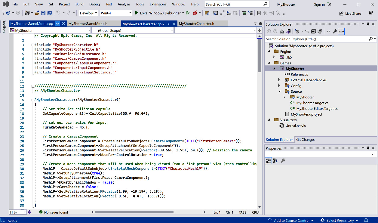 Figure 2.3 – VS opened MyShooterCharacter.cpp