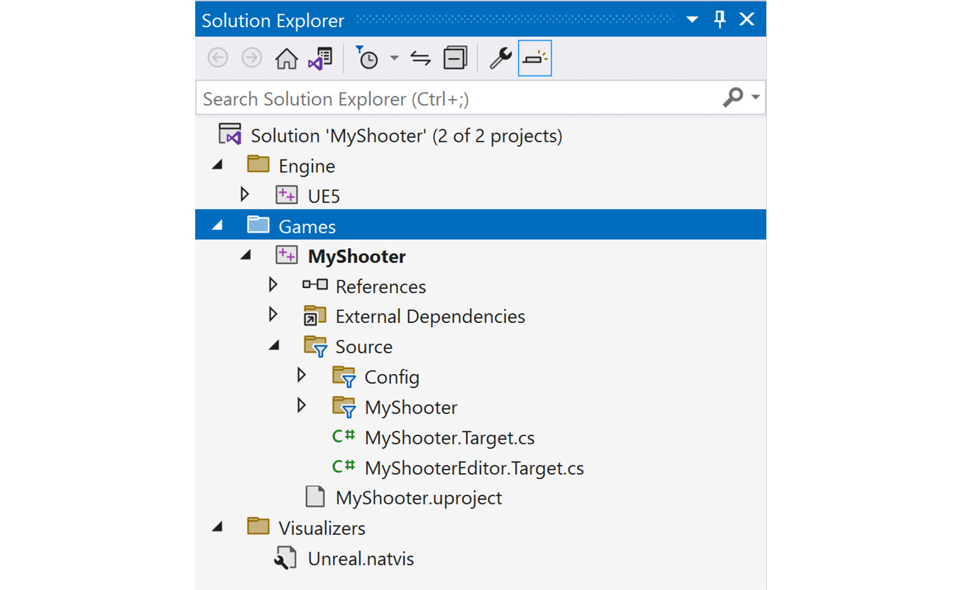 Figure 4.2 – MyShooter C++ project Solution Explorer