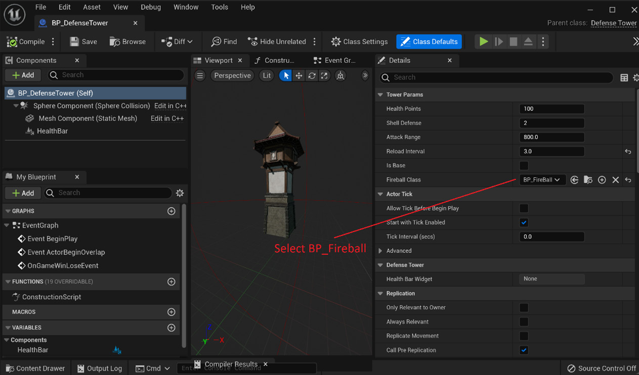 Figure 12.14 – Selecting BP_Fireball for the FireballClass field on the blueprint editor