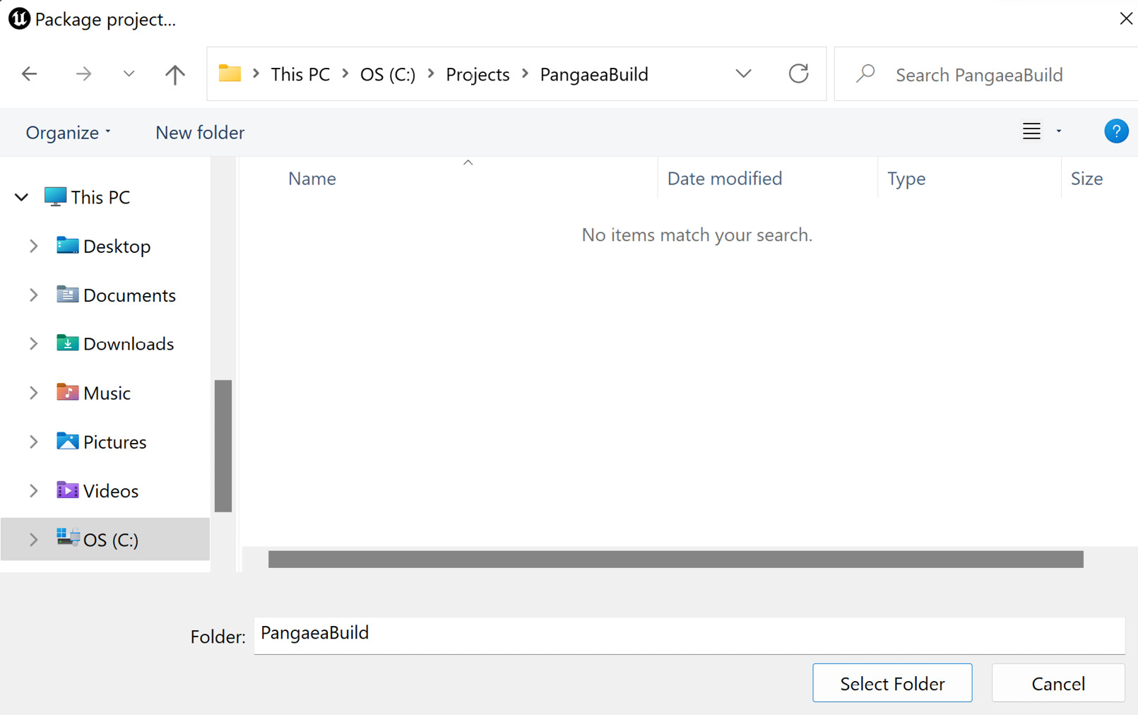 Figure 12.16 – Selecting the target folder (for example, C:\Projects\PangaeaBuild) to save the game build