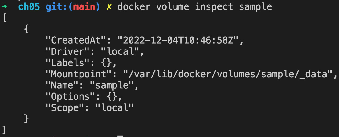 Figure 5.1 – Inspecting the Docker volume called sample