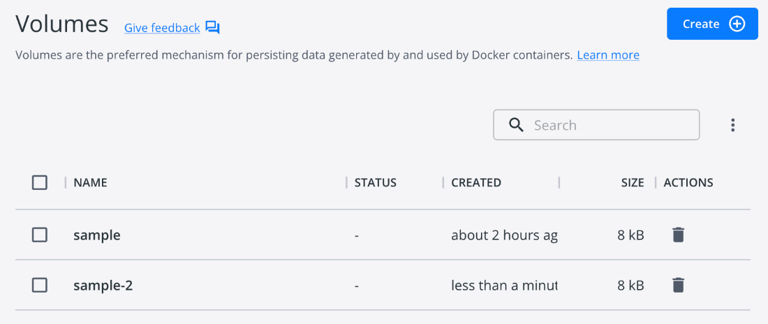 Figure 5.3 – List of Docker volumes shown in Docker Desktop