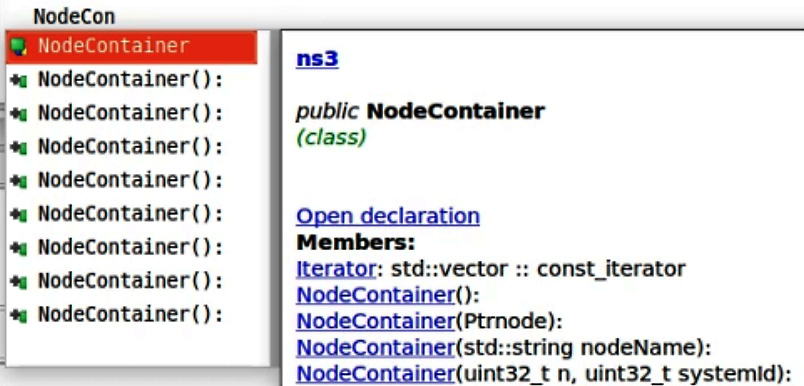 Figure 1.11 – Inspect the ns-3 NodeContainer class