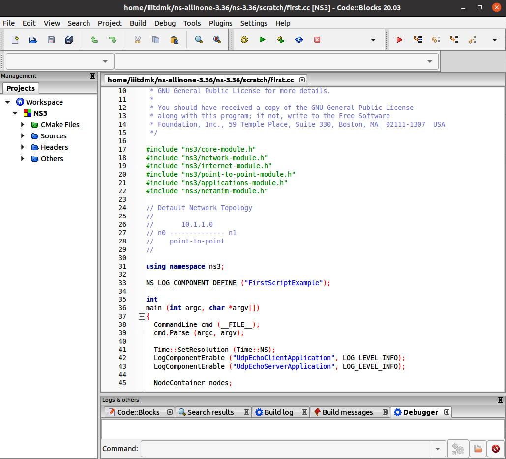 Figure 1.5 – The ns-3 project opens in the Code::Blocks editor