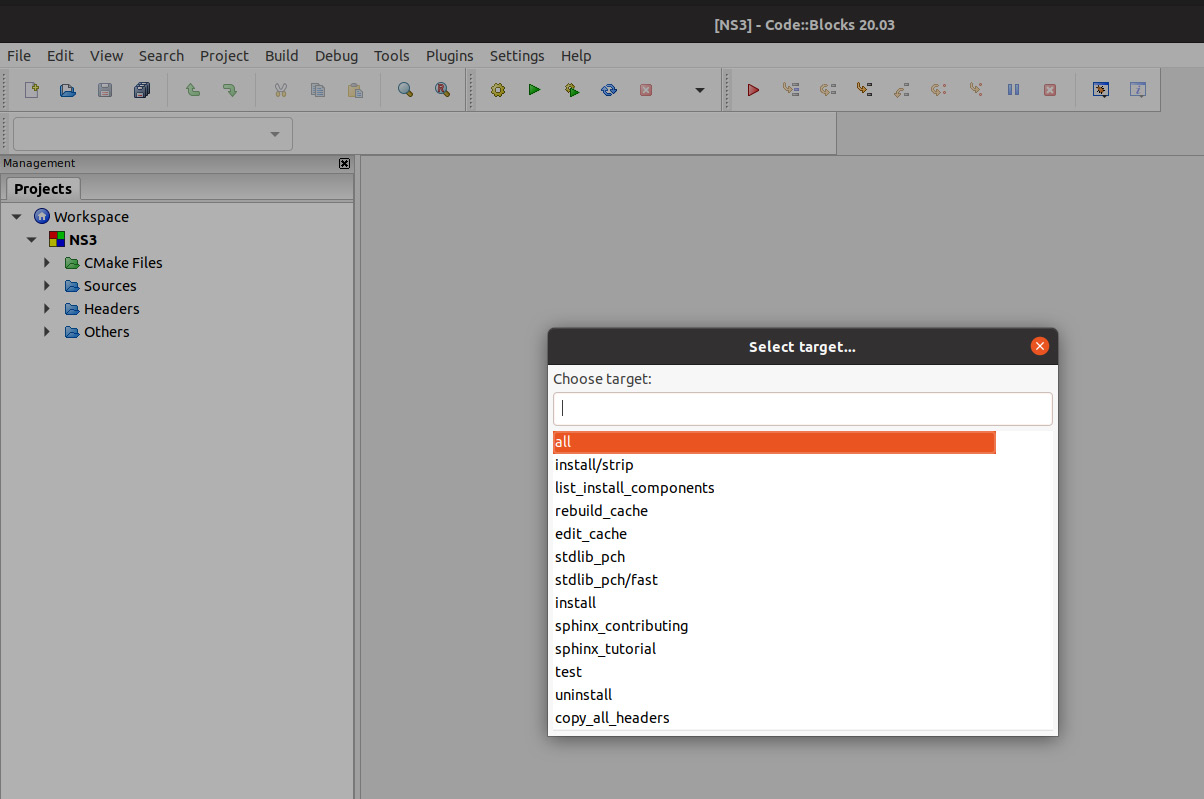 Figure 1.7 – The Code::Blocks window to select a target for execution