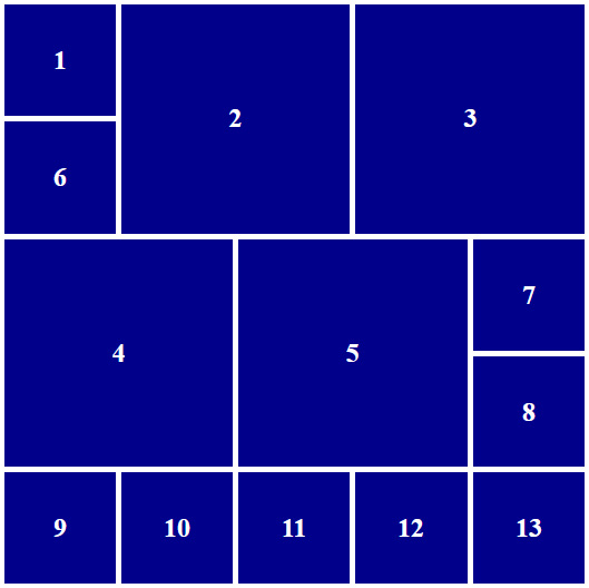 Figure 1.17 – CSS Grid arranging squares in a dense grid by rows