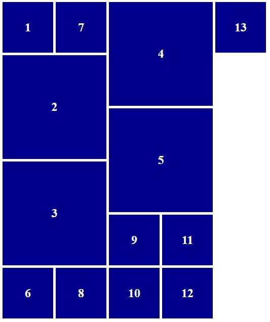 Figure 1.18 – CSS Grid arranging squares in a dense grid by columns