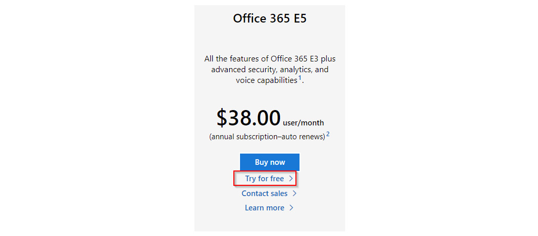 Figure 1.6 – Selecting an Office 365 E5 trial subscription