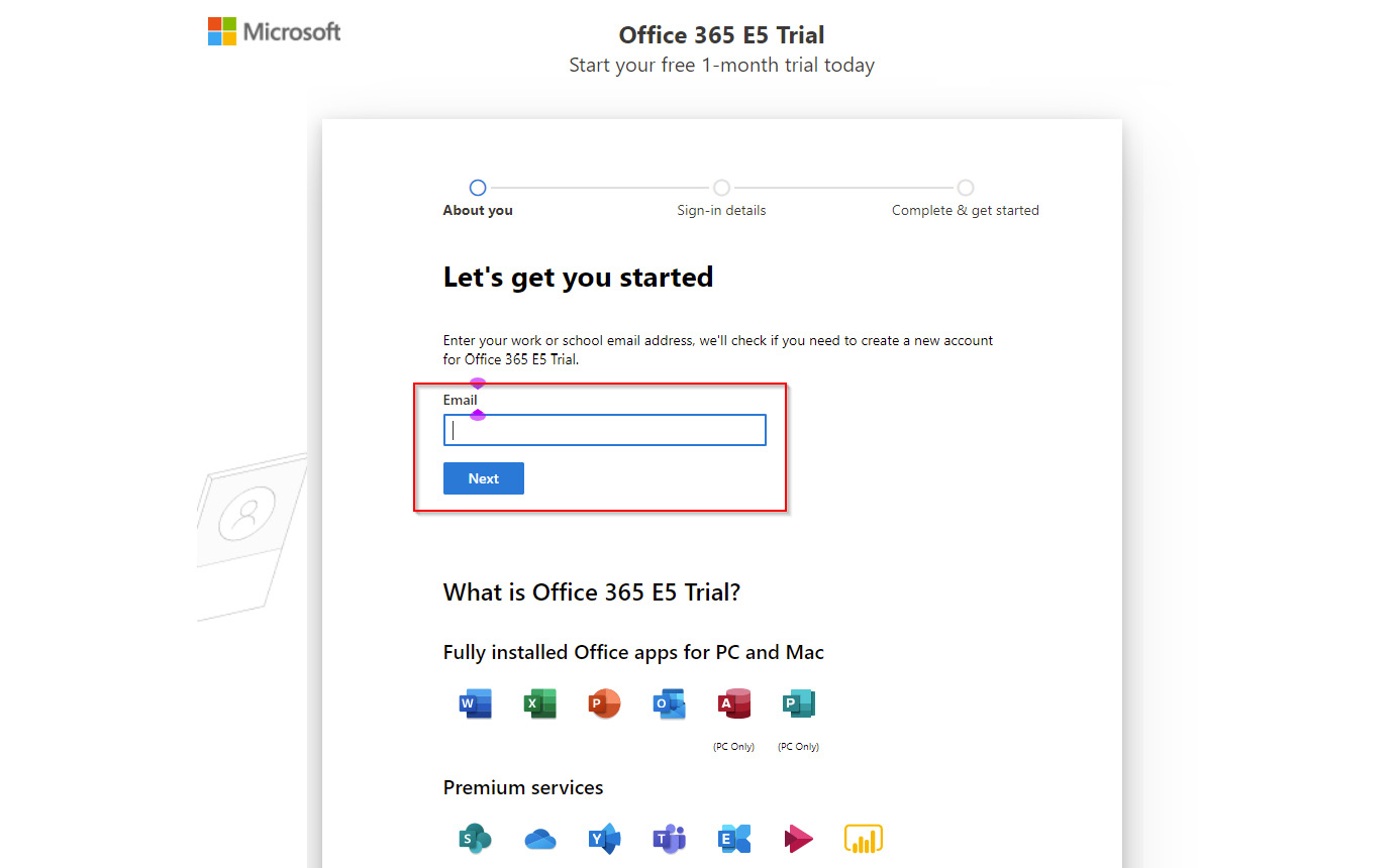 Figure 1.7 – Utilizing a new or existing account to establish a free trial