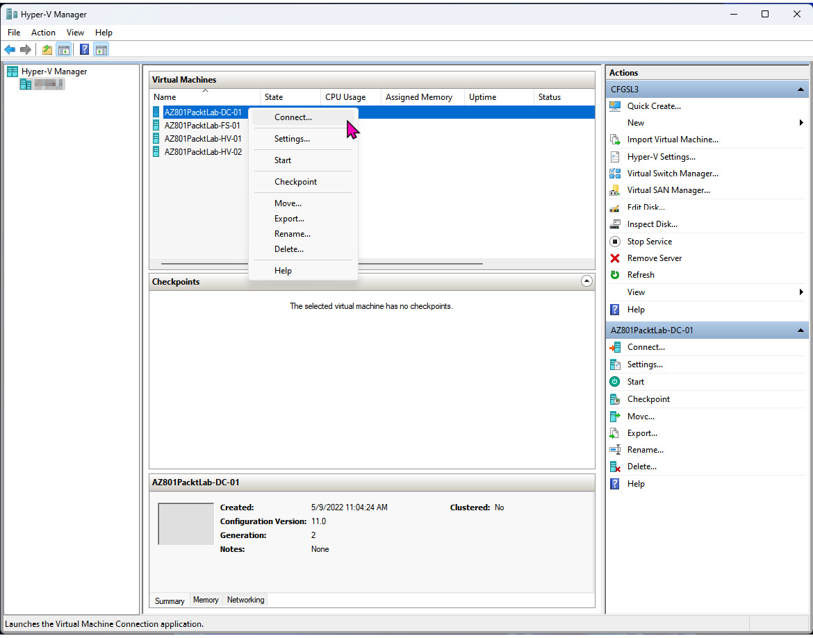 Figure 1.16 – Selecting a virtual machine to start in Hyper-V Manager