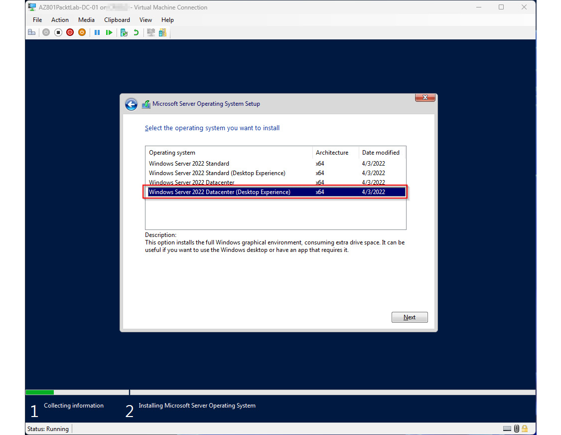 Figure 1.21 – Selecting to install the Windows Server 2022 Datacenter (Desktop Experience)