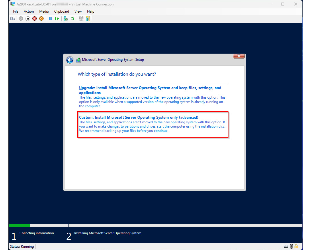 Figure 1.23 – Selecting Custom: Install Microsoft Server Operating System only (advanced)