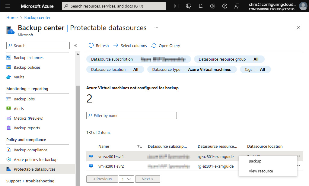 Figure 10.30 – Reviewing VM data sources that are not currently backed up