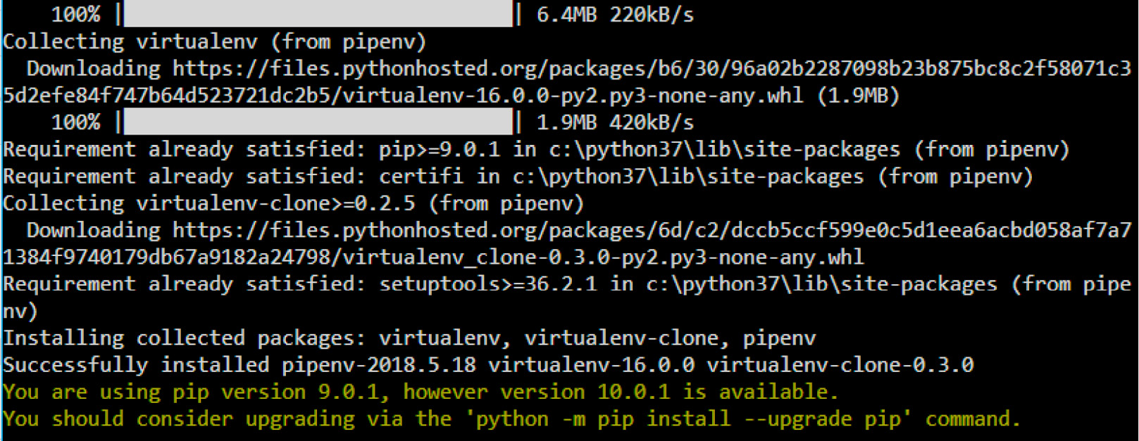 Figure 1.2﻿: Command-line view of installing pipenv