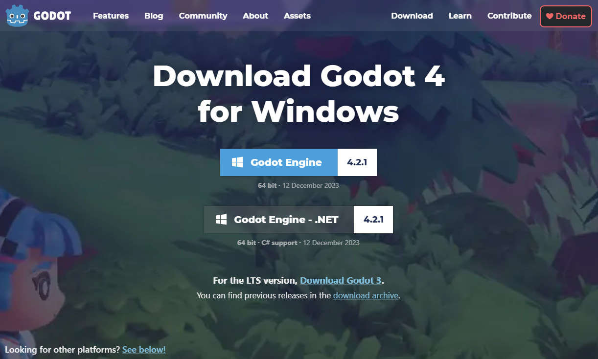 Figure 1.1 – The download page of Godot Engine 4.0 for the Windows platform