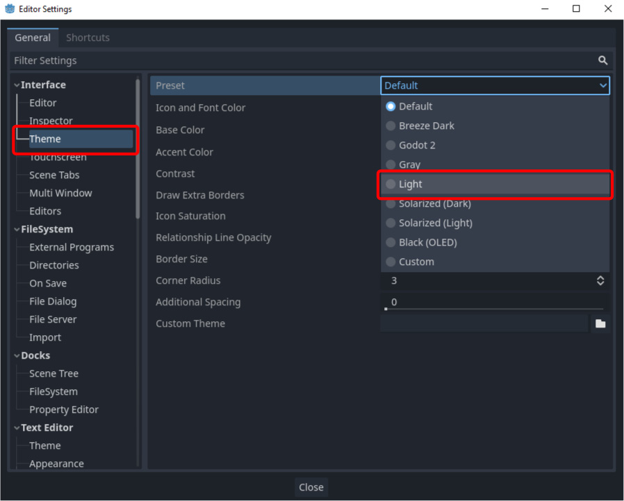 Figure 1.8 – Selecting the Light theme preset in the Theme settings