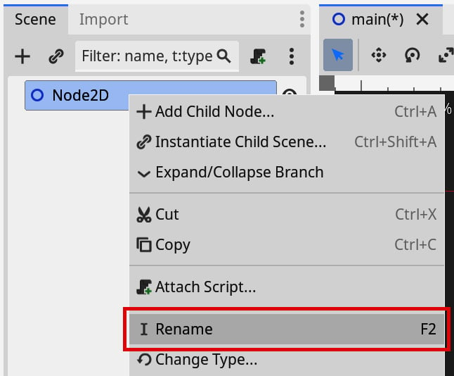 Figure 1.11 – Renaming the Node2D node to Main