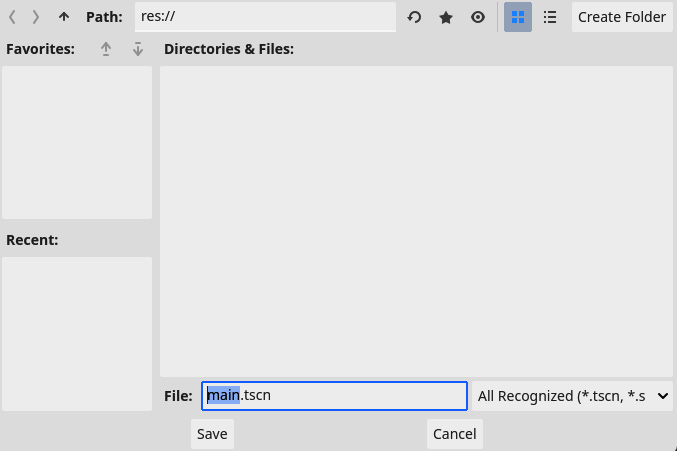 Figure 1.13 – Selecting the root folder to save the scene and naming it main.tscn