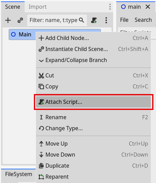 Figure 1.15 – Attaching a script to the Main node