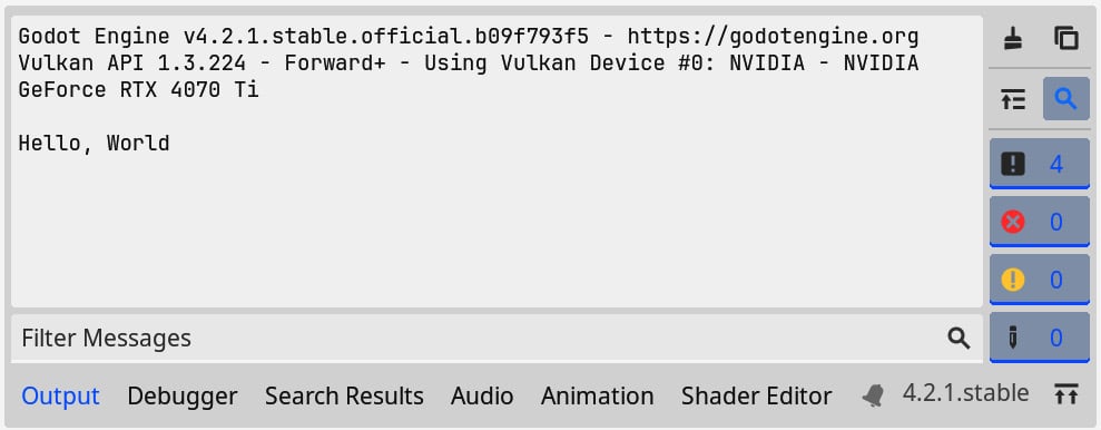 Figure 1.23 – The output of the game shows Hello, World