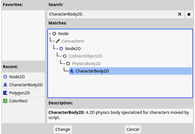 Figure 7.13 – Search for the CharacterBody2D node type