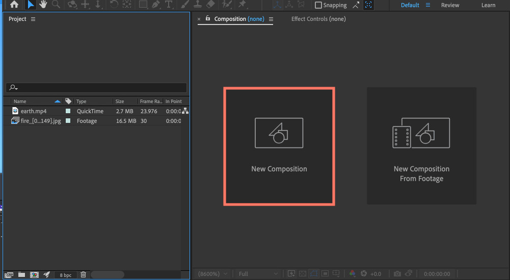 Figure 1.10: Using the Composition panel to create a new composition