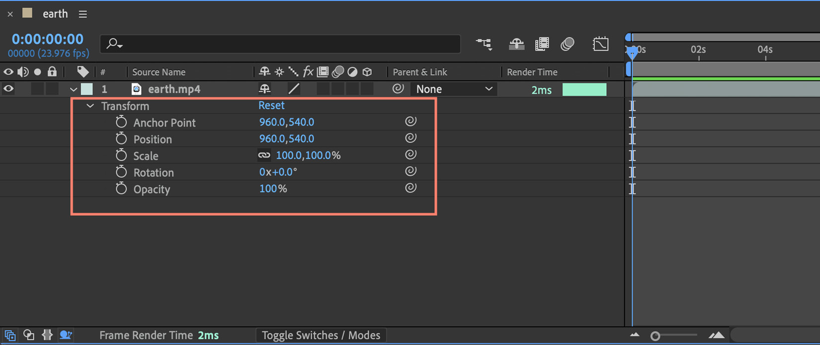 Figure 1.13: The Timeline panel with the layer transform properties listed