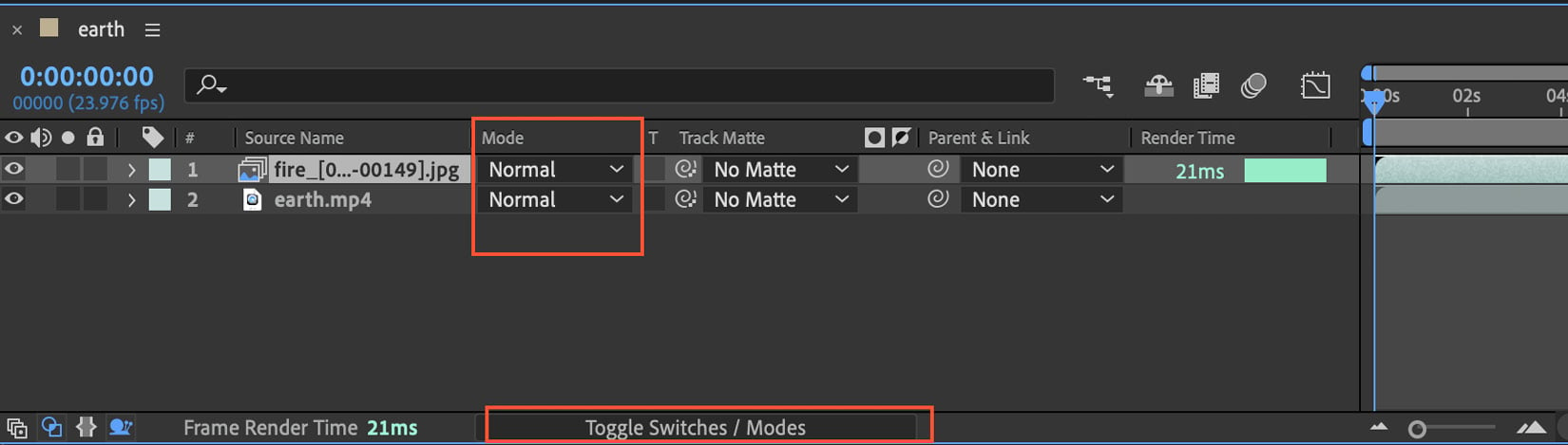 Figure 1.14: The Timeline panel with the toggle switches/modes highlighted