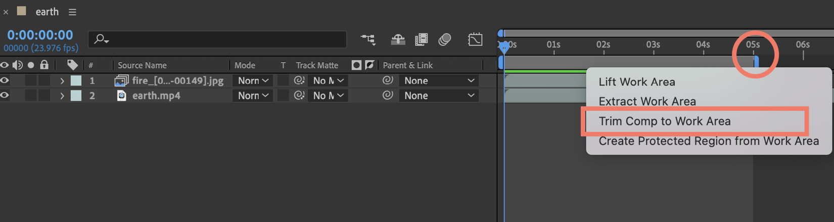 Figure 1.18: The Timeline panel (right-clicking between the in and out points to trim the timeline)