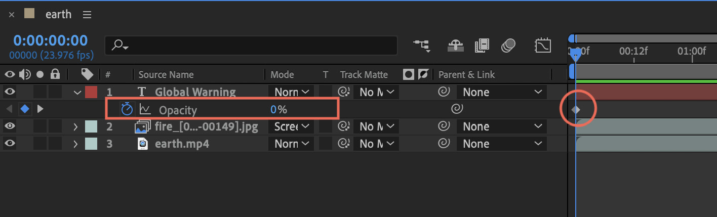 Figure 1.21: The Timeline panel with the Opacity property