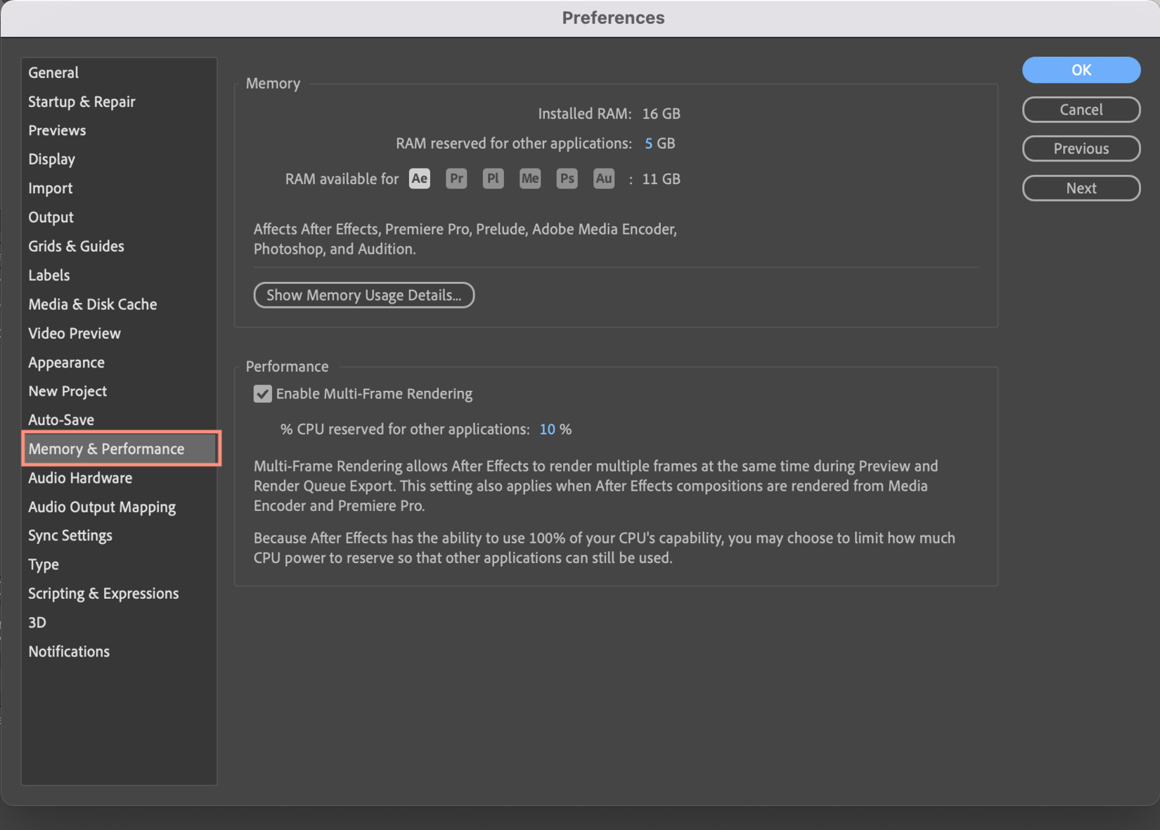 Figure 1.26: The Memory & Performance options