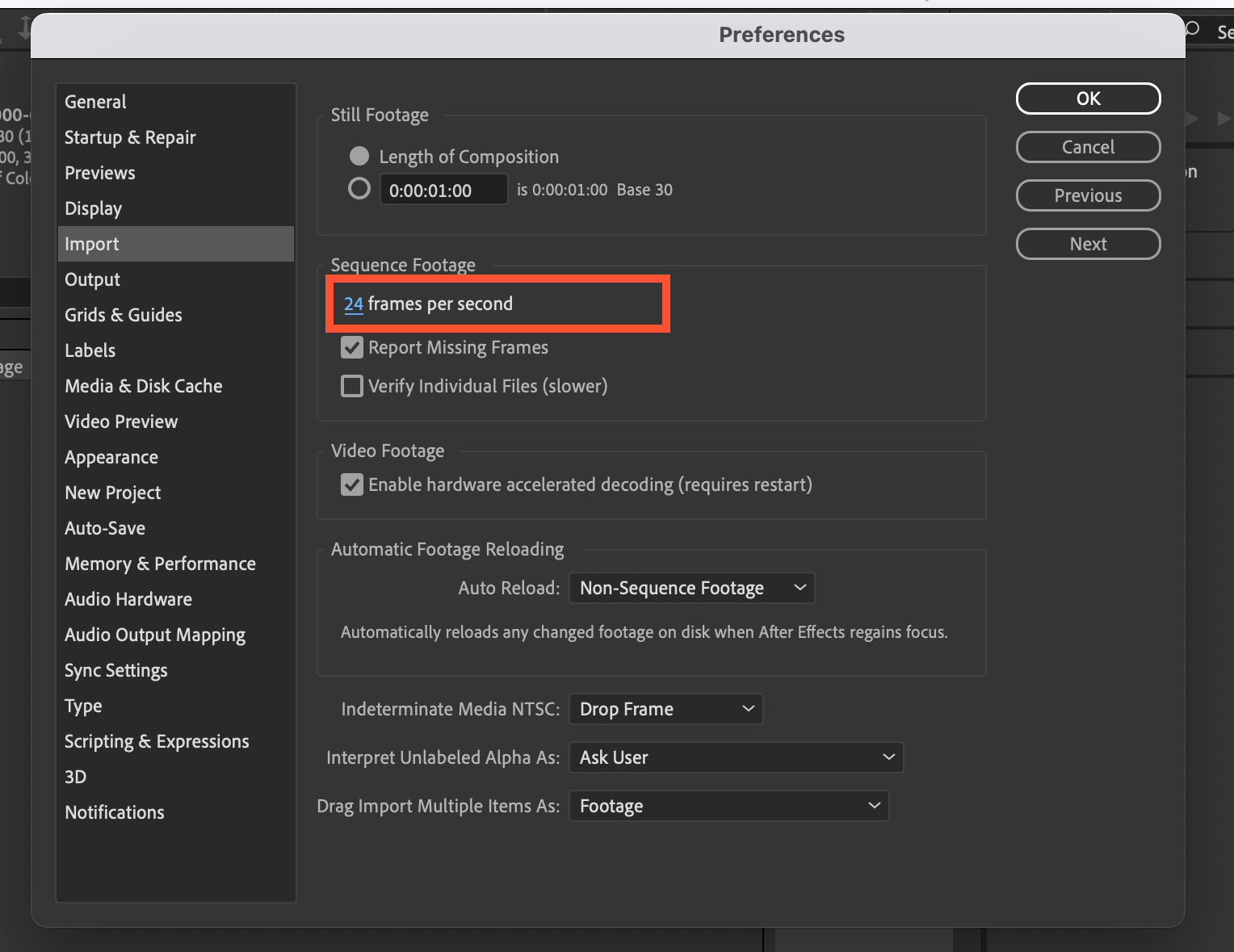 Figure 1.8: The Preferences window, specifically the Import settings