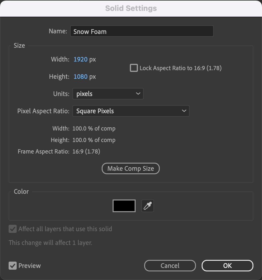 Figure 10.2: New settings for the Snow Effect composition