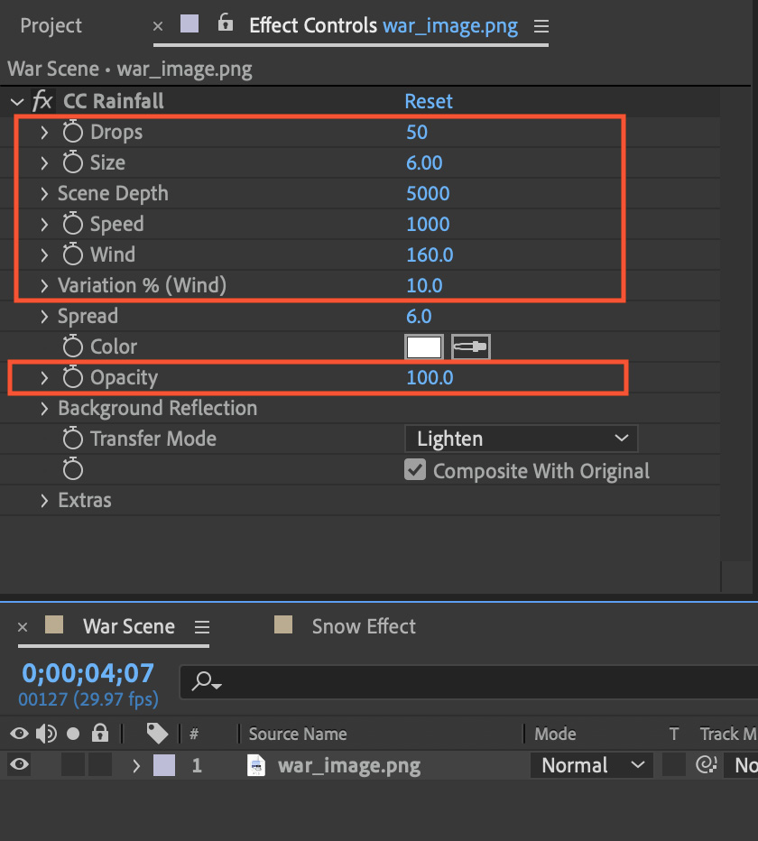 Figure 10.9: CC Rainfall effect settings applied to the war_image.png layer in the War Scene composition