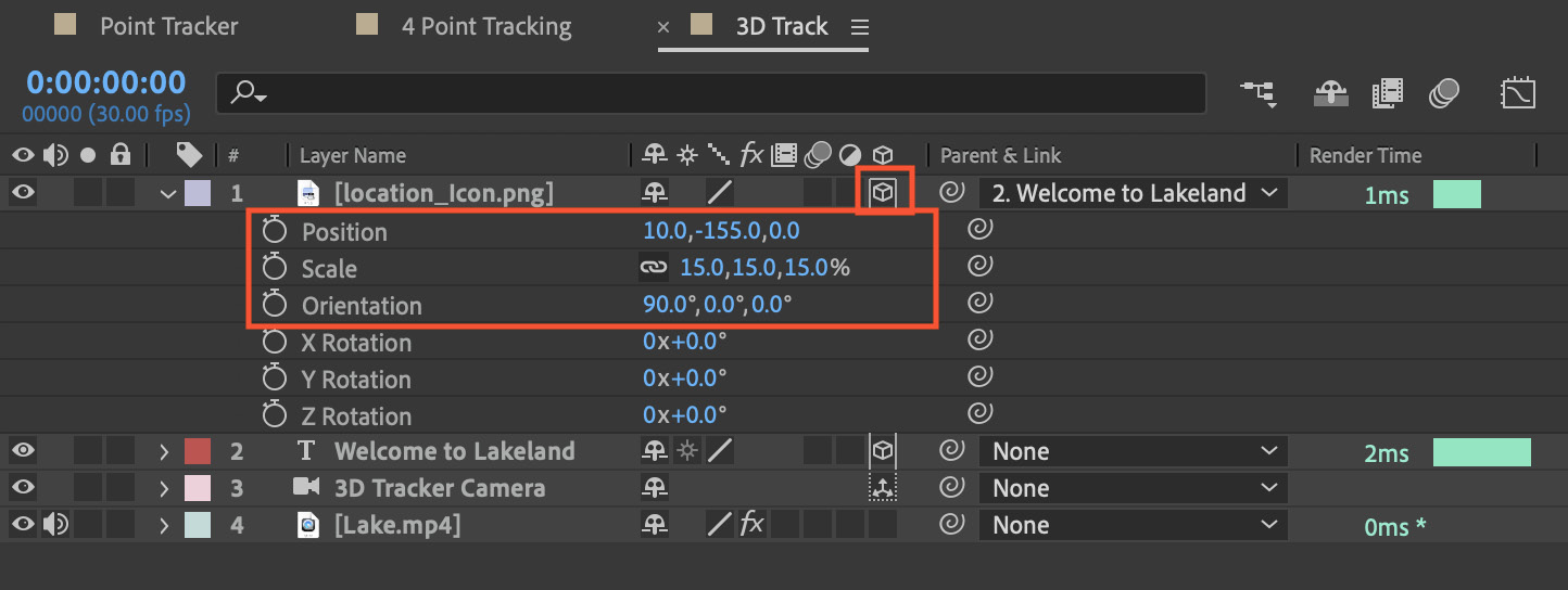 Figure 11.23: The location_Icon.png layer converted to a 3D layer and the Transform properties changed