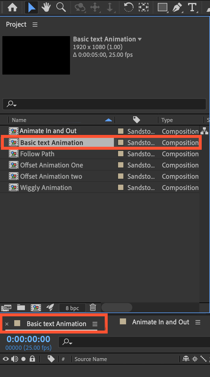 Figure 3.1: Project and Timeline panels showing our Basic text Animation composition