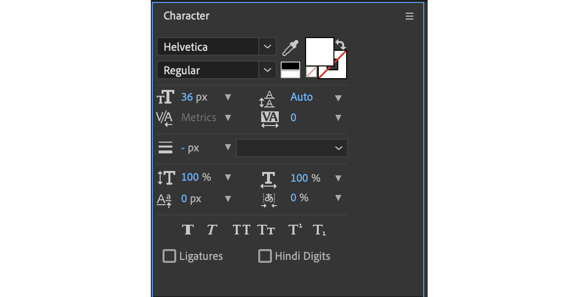 Figure 3.4: Character panel with default settings