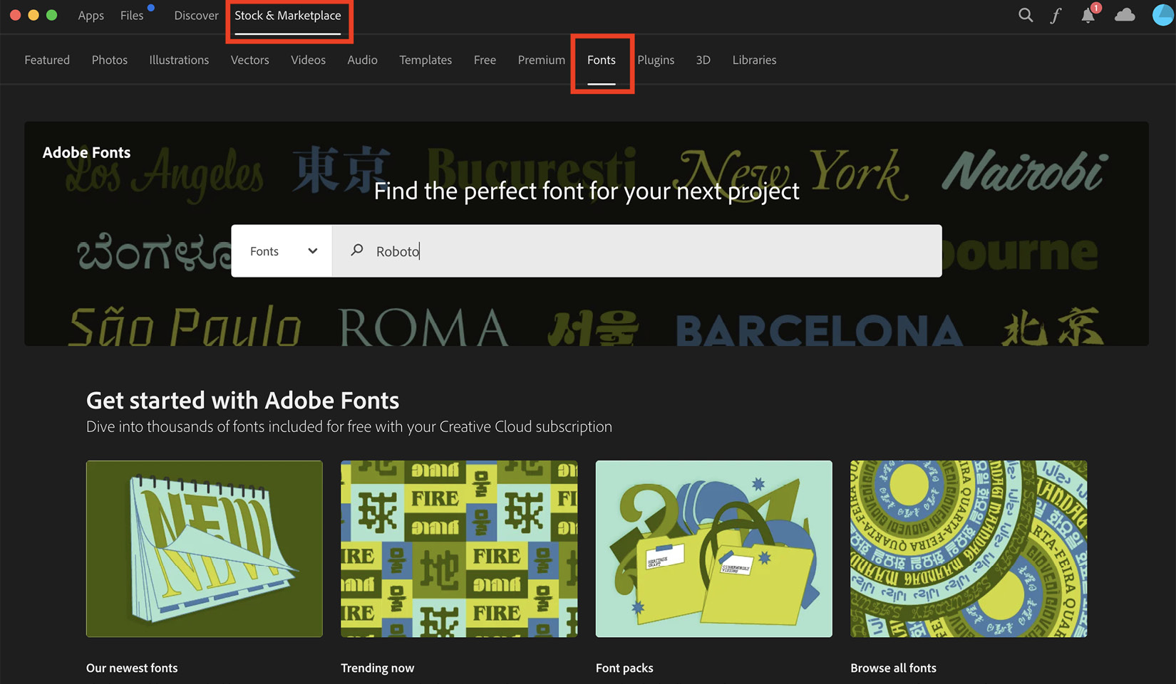 Figure 3.5: Search for the Roboto font in Creative Cloud