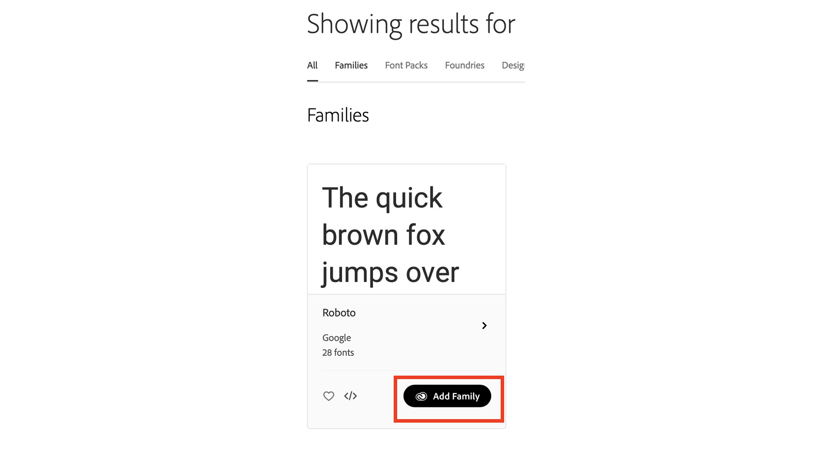 Figure 3.6: Showing the Roboto font family activated on fonts.adobe.com