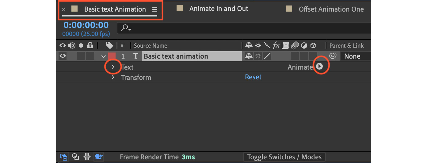 Figure 3.9: Basic text animation layer in the Timeline panel