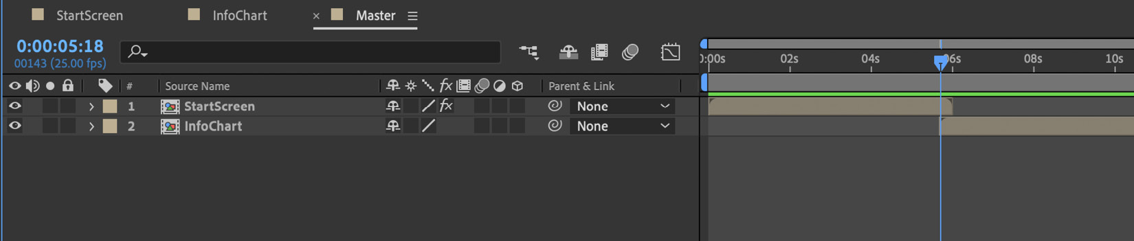 Figure 4.60: StartScreen and InfoChart compositions placed in the Master composition