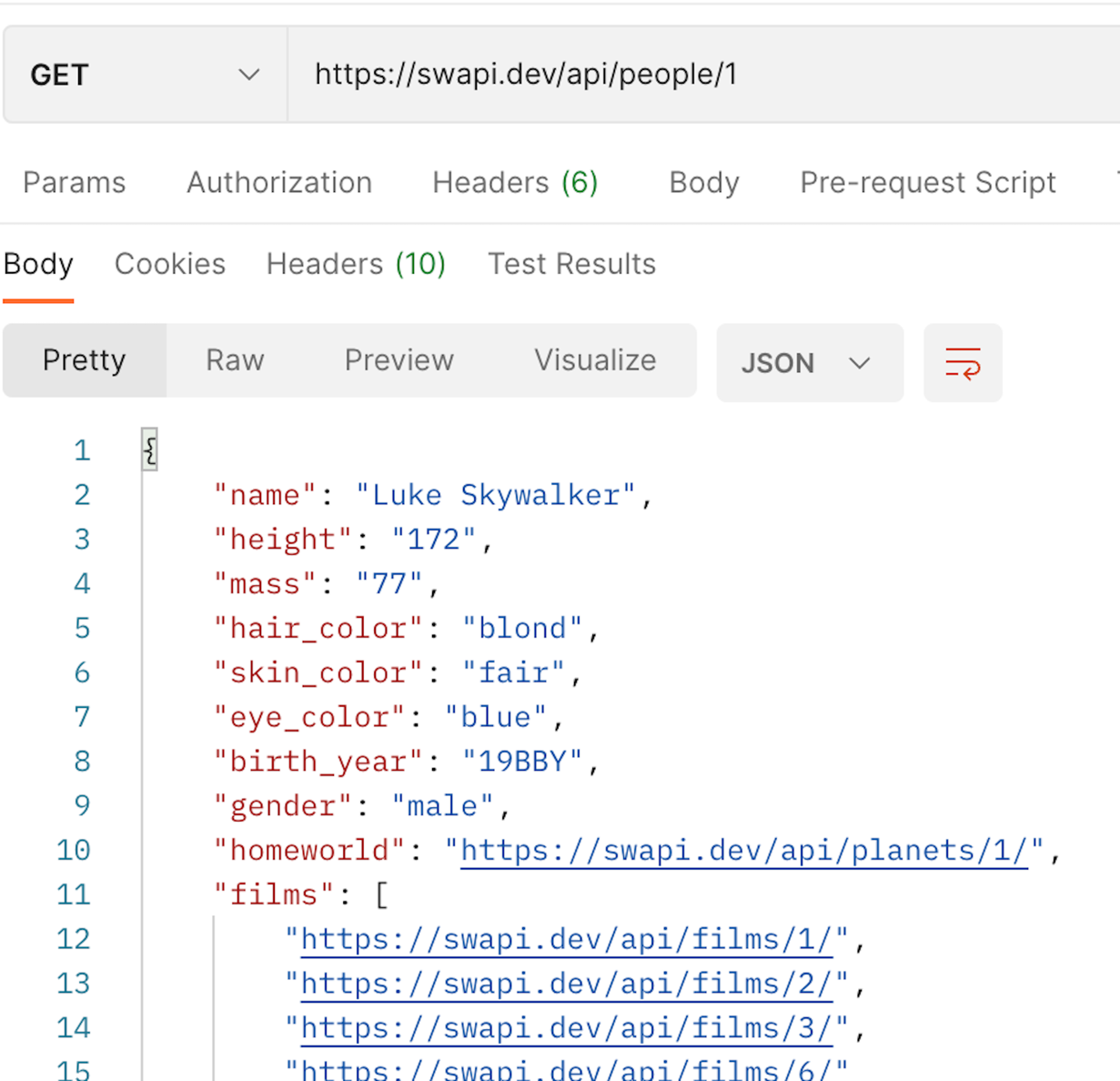 Figure 1.7 – Response for the Star Wars API request