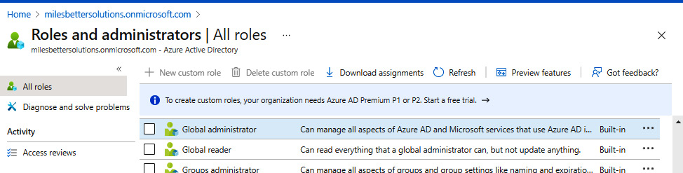 Figure 1.8 – Azure AD Roles and Administrators screen