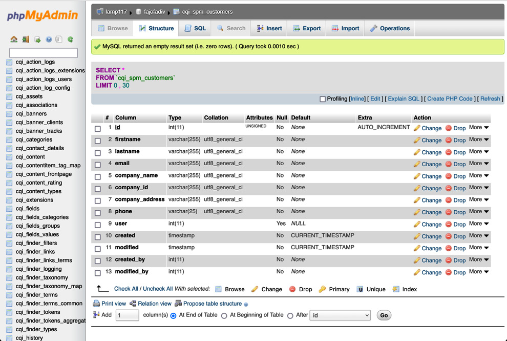 Figure 1.8 – ﻿The #__spm_customers table with the Import button at the top right