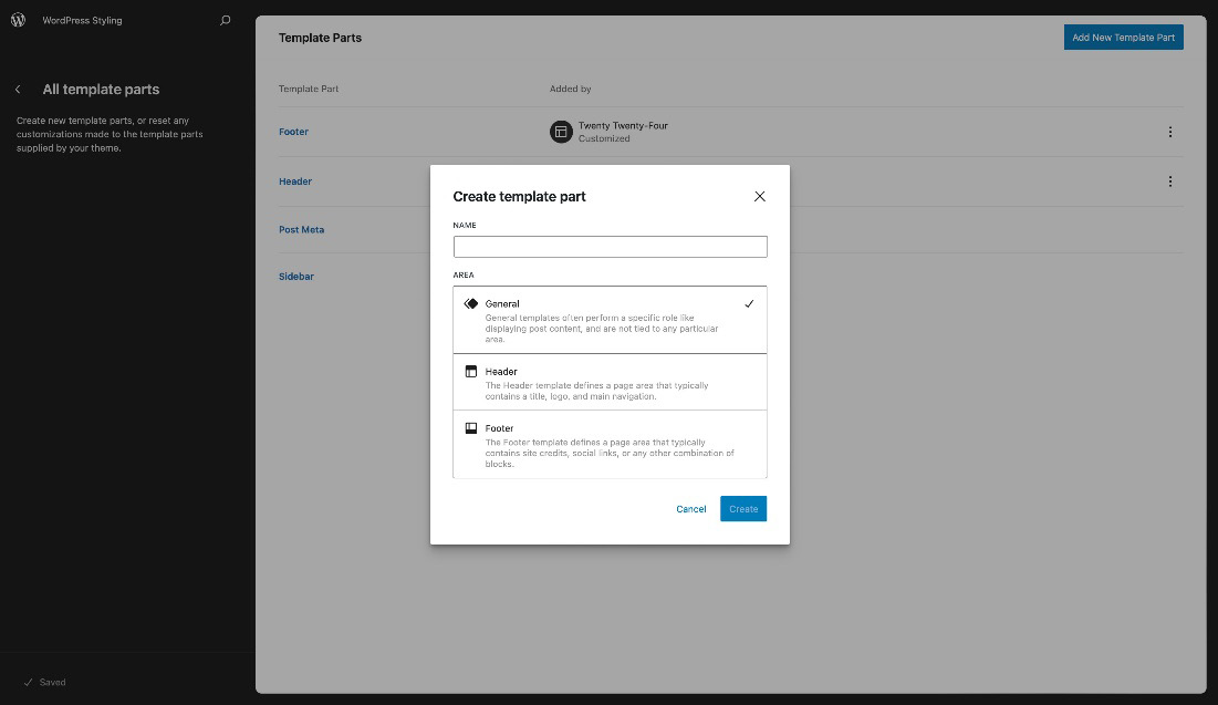 Figure 10.1 – The interface to create a template part