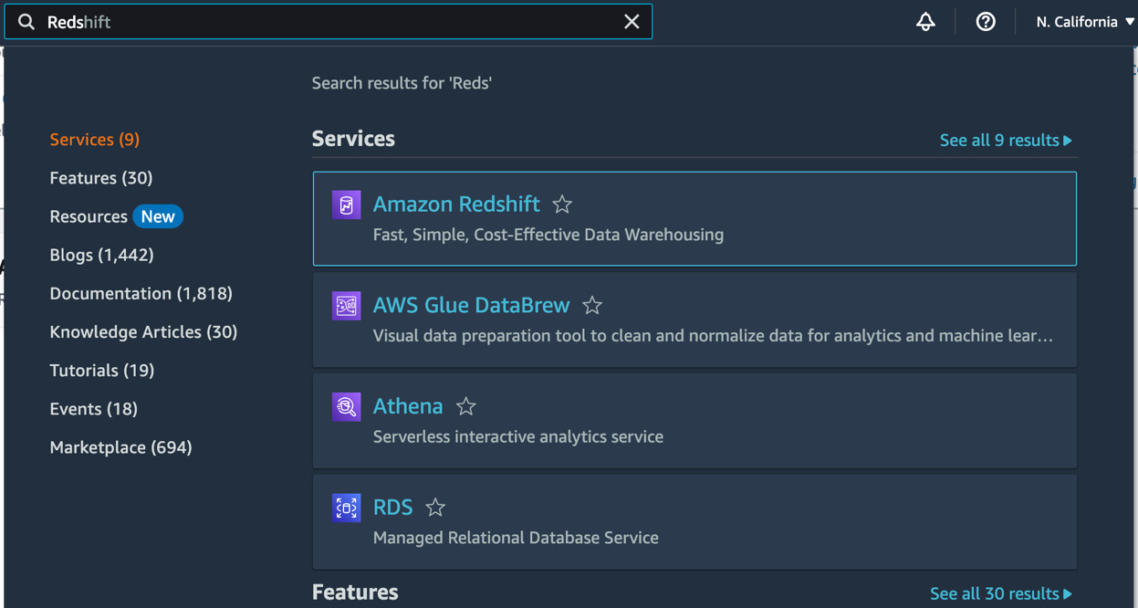 Figure 1.3 – AWS console page showing services filtered by our search for Redshift