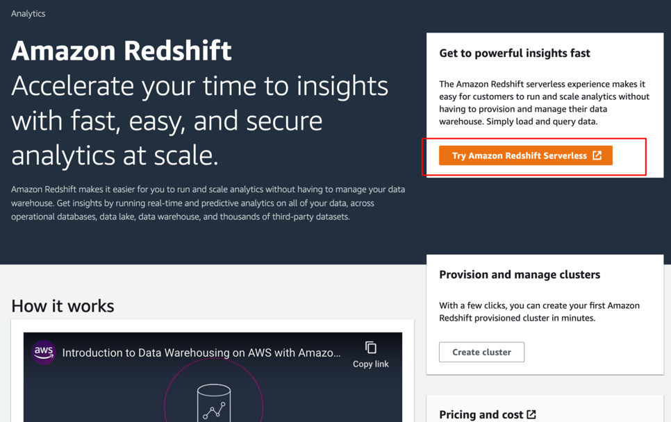 Figure 1.4 – Amazon Redshift service page in the AWS console